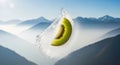 Kiwi Fruit Slice Exploding in Fresh Water Splash Against a Mountain View Royalty Free Stock Photo