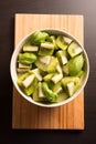 Kiwi fruit sliced segments with basil leaves in a round bowl Royalty Free Stock Photo