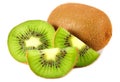 kiwi fruit with slices and green leaves isolated on a white background Royalty Free Stock Photo