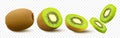 Kiwi fruit. Whole, half and pieces. Sweet fruit. 3d vector icons set. Realistic illustration, isolated on white background Royalty Free Stock Photo