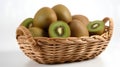 Kiwi fruit in a wicker basket on a white background