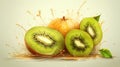 Kiwi fruits in juice splash flow. Illustration of juicy product with kiwi slices. Natural fresh food. Generative AI Royalty Free Stock Photo