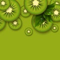 Kiwi green background. Sliced kiwi pieces.