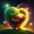 Kiwi hugging heart Valentine\'s day greeting card with cute green hedgehog holding heart. AI generated ani