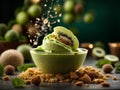 Kiwi ice cream, floating, delicious refreshing treat gelato. High vitamins and minerals, cinematic advertising photography