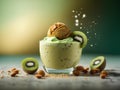 Kiwi ice cream, floating, delicious refreshing treat gelato. High vitamins and minerals, cinematic advertising photography