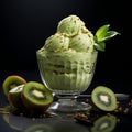 Kiwi Ice Cream, featuring a scoop of creamy green goodness infused with the tangy and refreshing by AI generated