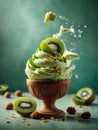 Kiwi ice cream, floating, delicious refreshing treat gelato. High vitamins and minerals, cinematic advertising photography