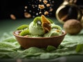 Kiwi ice cream, floating, delicious refreshing treat gelato. High vitamins and minerals, cinematic advertising photography