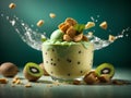 Kiwi ice cream, floating, delicious refreshing treat gelato. High vitamins and minerals, cinematic advertising photography