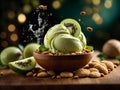 Kiwi ice cream, floating, delicious refreshing treat gelato. High vitamins and minerals, cinematic advertising photography