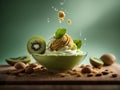 Kiwi ice cream, floating, delicious refreshing treat gelato. High vitamins and minerals, cinematic advertising photography