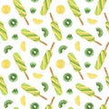 Kiwi ice cream, fruit and lemon slices seamless watercolor hand drawn pattern, illustration repeat sweet dessert ornament for Royalty Free Stock Photo