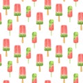 Kiwi ice cream popsicle, fruit, watermelon flavor seamless watercolor hand drawn pattern, illustration repeat sweet dessert Royalty Free Stock Photo