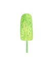 Kiwi ice cream popsicle fruity frozen juice on a wooden stick watercolor food illustration, sweet simple dessert for summer or