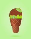 Kiwi ice cream in waffle cup, dairy product. Ice cream scoop image in flat style. Vector illustration. Royalty Free Stock Photo