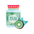 Kiwi jam, glass jar of fruit confiture vector Illustration on a white background