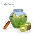 Kiwi jam in jar. Kiwi confiture. Vector food illustration in cartoon style. Breakfast
