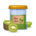 Kiwi jam in a jar. Kiwi confiture. Vector food illustration in cartoon style. Breakfast. Vector illustration
