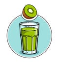 Kiwi juice in a glass isolated on white background vector illustration, cartoon style logo or badge for pure fresh juice, diet