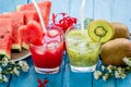 Kiwi juice and watermelon juice with fresh fruits Royalty Free Stock Photo