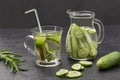 Kiwi and lime infused water in glass. Cucumber infused water in glass jug