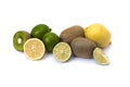 The kiwi, lime and lemon close-up. Ripe whole kiwi fruit and lime isolated on white background. Kiwi fruit close-up isolated on a Royalty Free Stock Photo