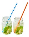 Kiwi Mojito cocktail with mint, kiwi, ice cubes and paper straw on white Royalty Free Stock Photo