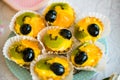 Kiwi, orange and grapes tarts