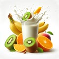 kiwi, orange, mango, banana with milk splash in glass isolated on white background Royalty Free Stock Photo