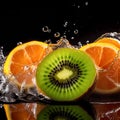 Kiwi and orange slices in the splash of water on isolated black background. Royalty Free Stock Photo