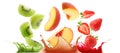Kiwi, peach and strawberry juices. Fruits and splashes on white background, banner design Royalty Free Stock Photo