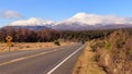 Kiwi road sign and volcano Ngauruhoe at Tongariro National Park