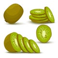 Kiwi. Set of whole, slice, half of a kiwi fruit isolated on white background. Vector icon , flat design Royalty Free Stock Photo