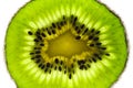 Kiwi slice close up macro photo detailing green patterns and texture against a seamless bright white background