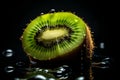 Kiwi, a slice of fresh kiwi fruit covered in water droplets. Black background.