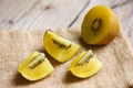 Kiwi slice on sack , Close-up of yellow kiwi fruit