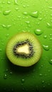 Kiwi slice in water splashes close up. Sliced kiwi isolated on green background with water drops. Vertical illustration of juicy Royalty Free Stock Photo