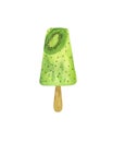 Kiwi slices ice cream popsicle fruity frozen juice on a wooden stick watercolor isolated food illustration, sweet simple delicious Royalty Free Stock Photo