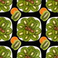 Kiwi slices on a plate decorated with grapes and tangerine slices, top view. Seamless fruit pattern isolated on black
