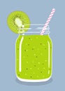 Kiwi smoothie in mason jar with slice of kiwi and swirled straw. Vector hand drawn illustration. Royalty Free Stock Photo