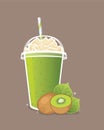 Kiwi smoothie with whipped cream in take a way cup and kiwi on brown background.