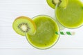 Kiwi yogurt smoothies juice and kiwi green fruit for breakfast in the morning on white background from top view