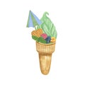 Kiwi soft Italian ice cream in a waffle cone with dessert additionals fruit waffle cocktail umbrella decor, watercolor isolated