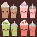 Kiwi Strawberry Chocolate Coffee Take-out smoothie transparent plastic cup with straw and whipped cream. Kawaii cute face with eye