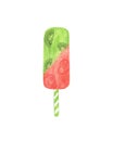 Kiwi and strawberry ice cream popsicle fruity frozen juice on a wooden stick watercolor isolated food illustration, sweet simple Royalty Free Stock Photo