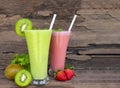 Kiwi and strawberry smoothies fruit juice green and red beverage healthy the taste yummy . Royalty Free Stock Photo