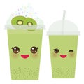 Kiwi Take-out smoothie transparent plastic cup with straw and whipped cream.