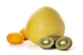 Kiwi, tangerines and pomelo on a white background. Foreground