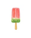 Kiwi and watermelon ice cream popsicle fruity frozen juice on a wooden stick watercolor food illustration, sweet simple dessert